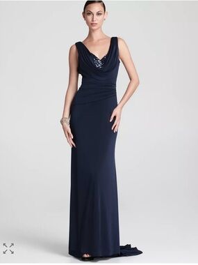 ML Monique Lhuillier Sequin Cowl Neck Floor-Length Gown Fitted Silhouette Blue 6